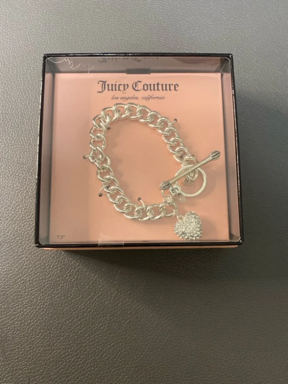 NIB Juicy Couture Silver Crystal Heart Charm Toggle Bracelet - Picture 2 of 3